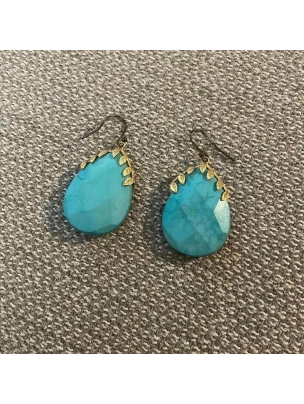 Blue and gold teardrop Dangle Leaf design drop earrings